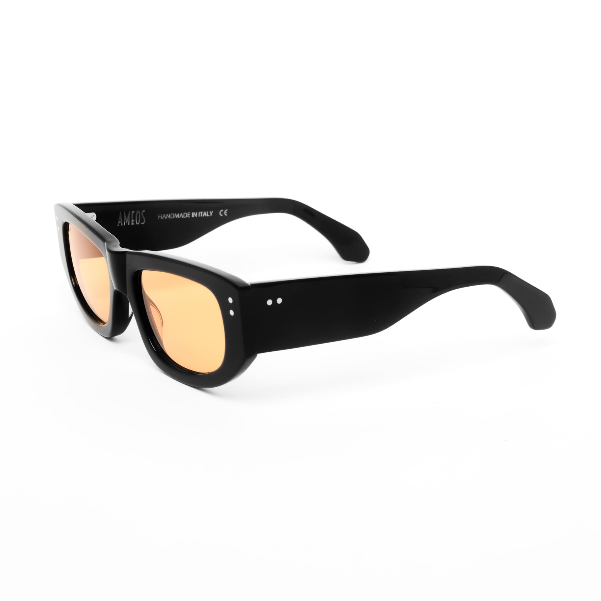 Ameos Forever collection Max model. Black frames with orange lenses. Side view. Genderless, gender neutral eyewear