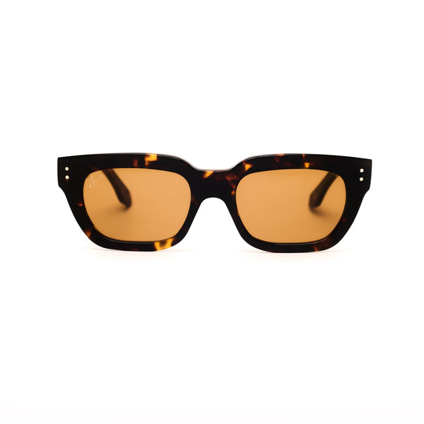 Ameos Forever collection Rae model. Tortoise frames with dark orange lenses. Front view. Genderless, gender neutral eyewear