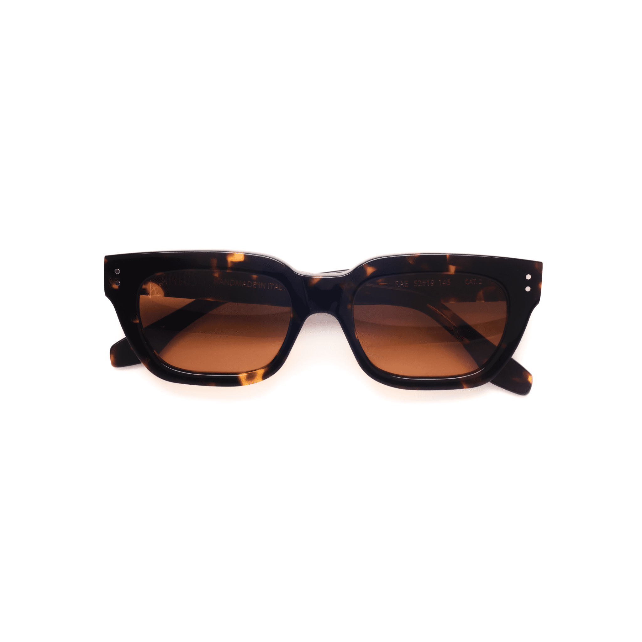 Ameos Forever collection Rae model. Tortoise frames with dark orange lenses. Front view temples crossed. Genderless, gender neutral eyewear