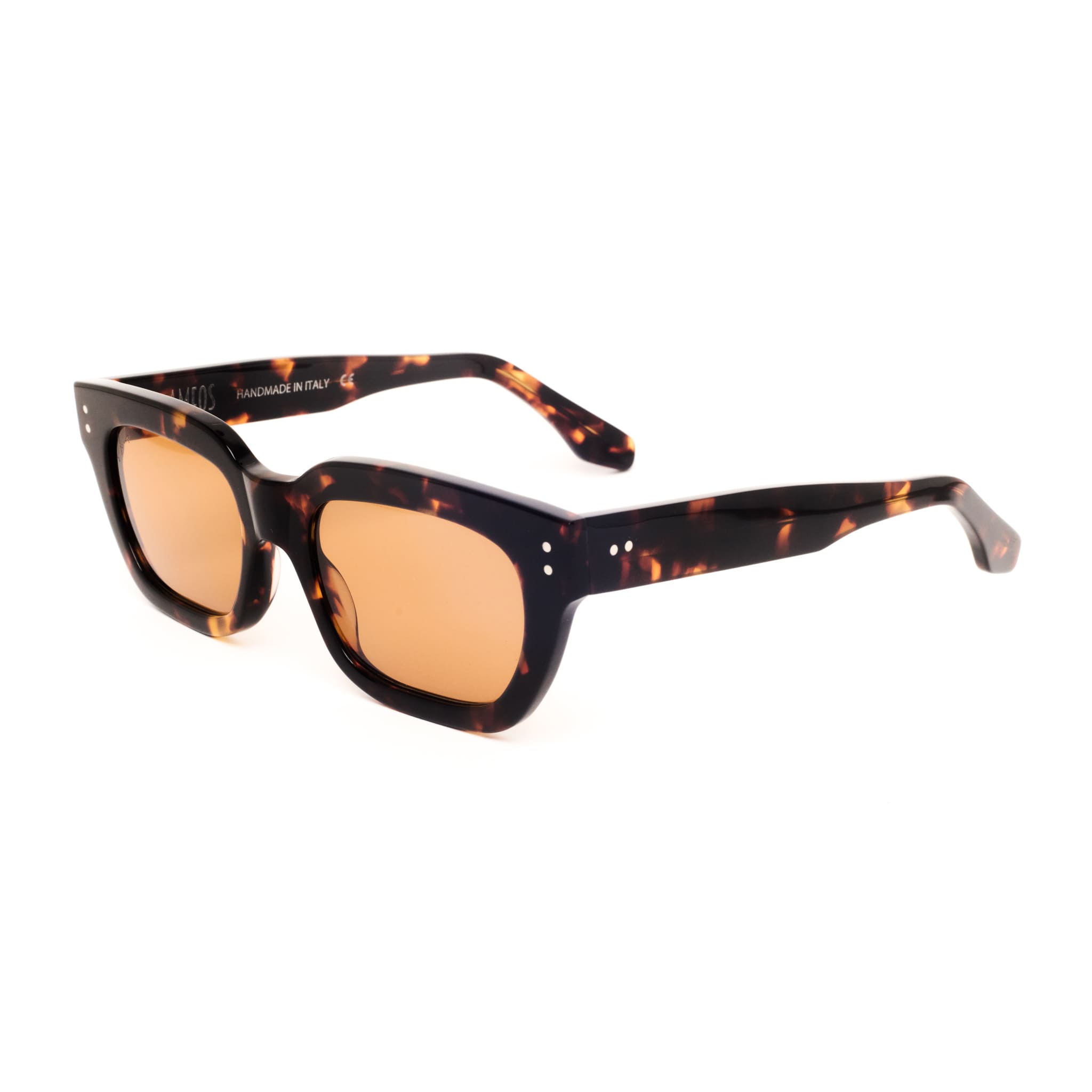 Ameos Forever collection Rae model. Tortoise frames with dark orange lenses. Side view. Genderless, gender neutral eyewear