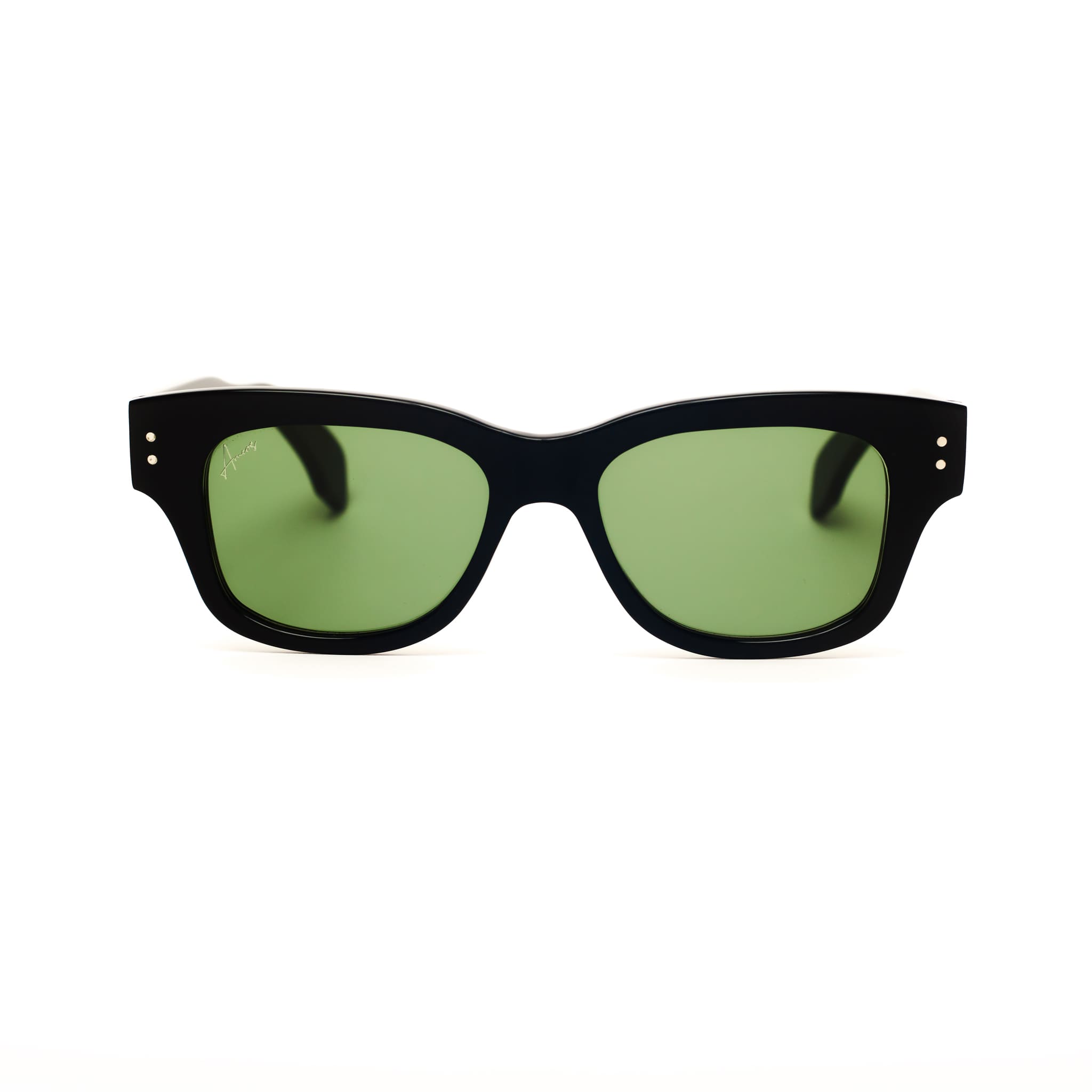 Ameos Forever collection Rio model. Black frames with dark green lenses. Front view. Genderless, gender neutral eyewear