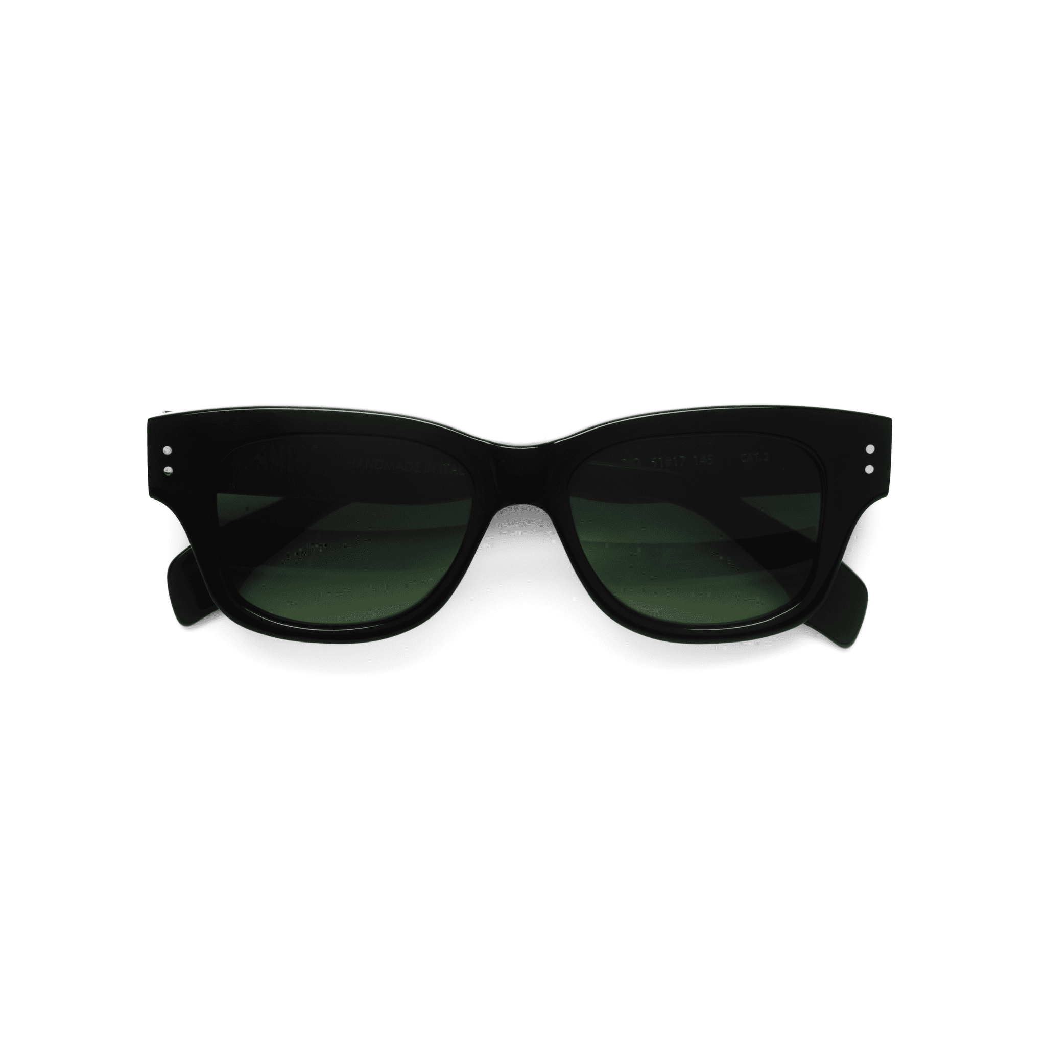 Ameos Forever collection Rio model. Black frames with dark green lenses. Front view temples crossed. Genderless, gender neutral eyewear
