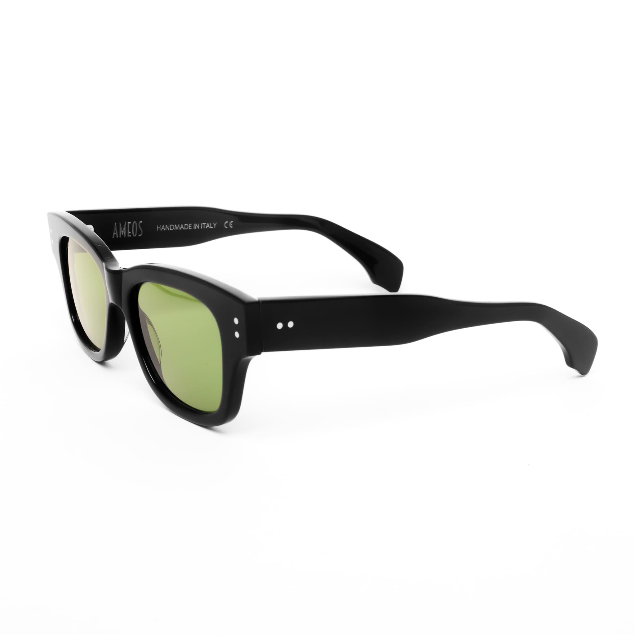 Ameos Forever collection Rio model. Black frames with dark green lenses. Side view. Genderless, gender neutral eyewear