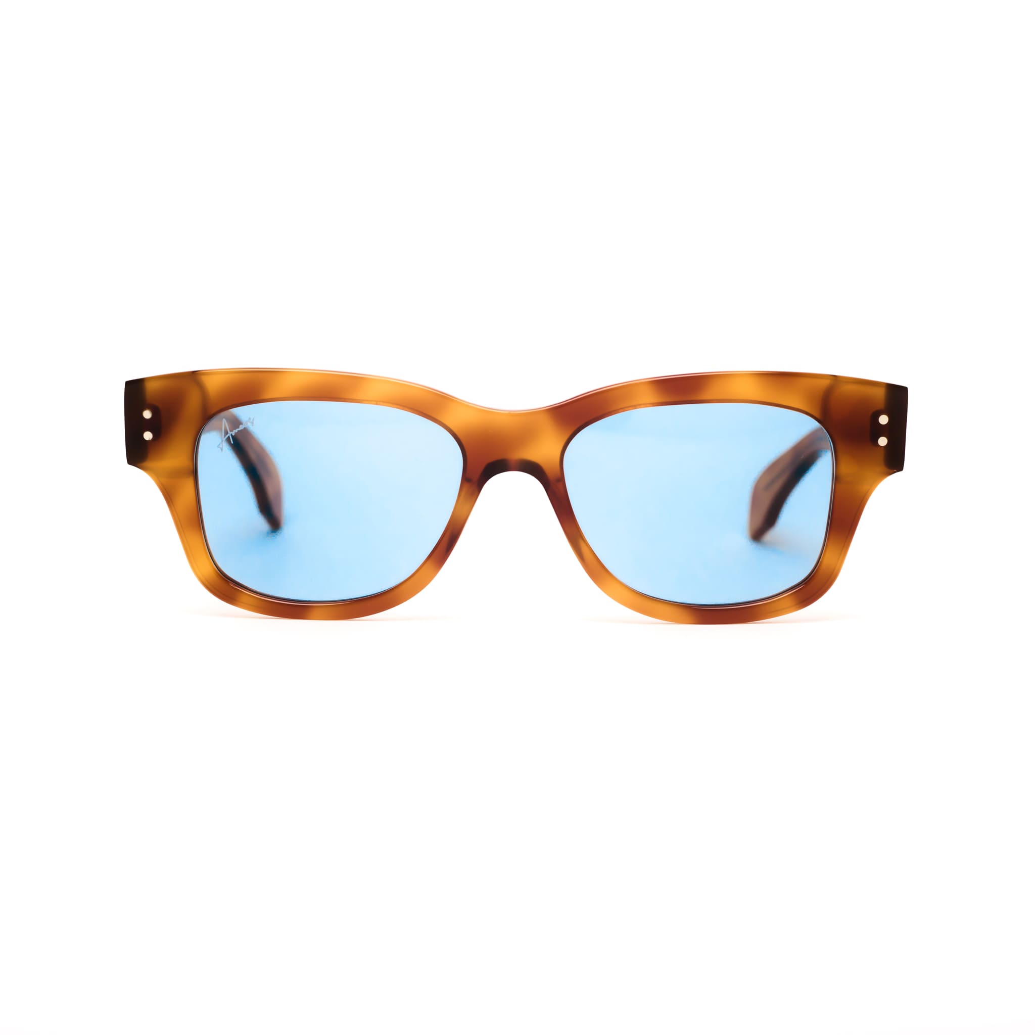 Ameos Forever collection Sam model. Tortoise frames with light blue lenses. Front view. Genderless, gender neutral eyewear